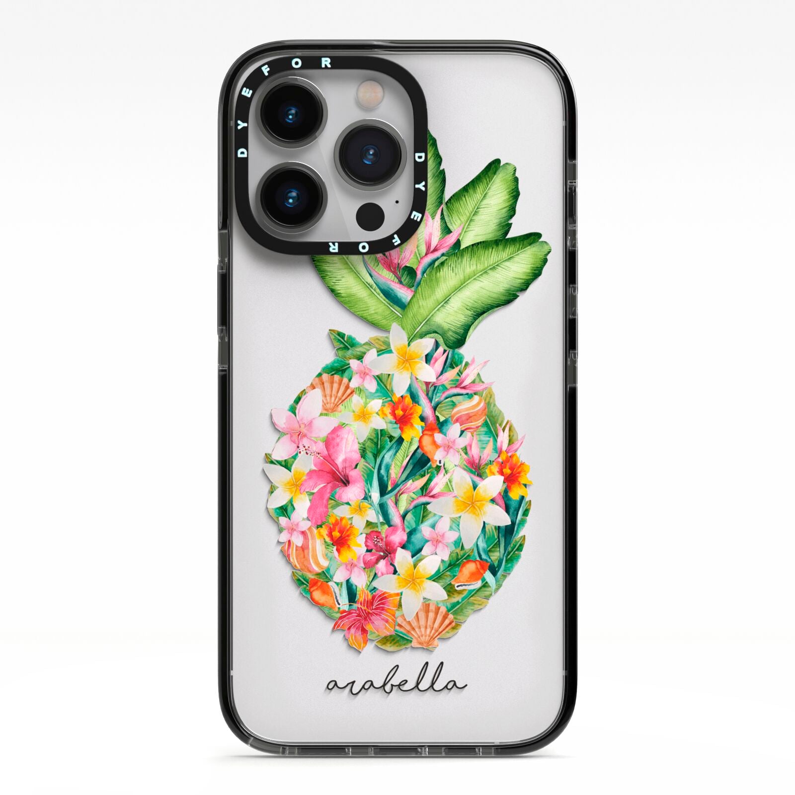 Personalised Floral Pineapple iPhone 13 Pro Black Impact Case on Silver phone