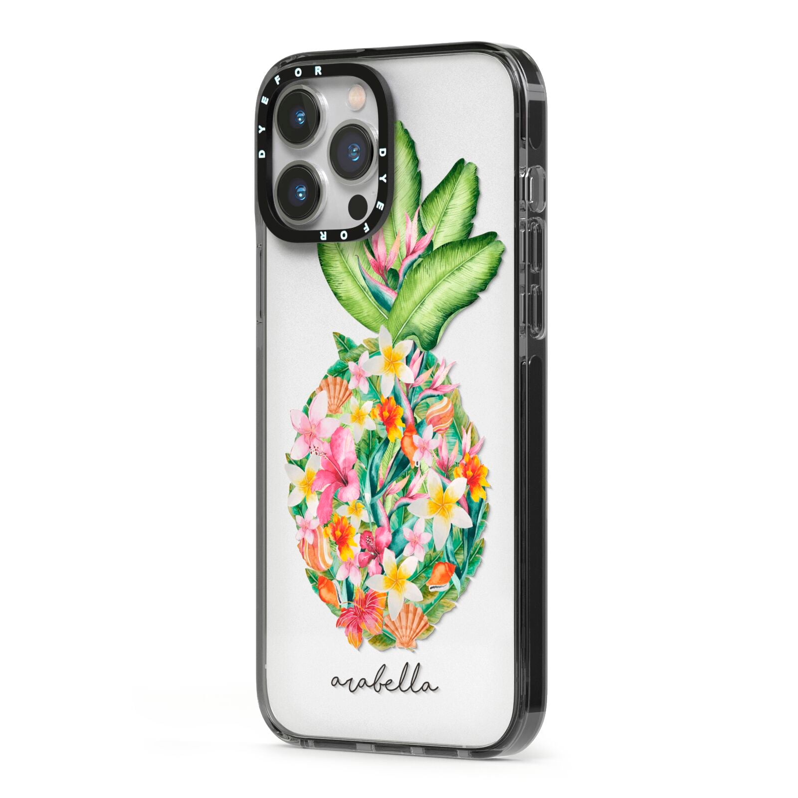 Personalised Floral Pineapple iPhone 13 Pro Max Black Impact Case Side Angle on Silver phone