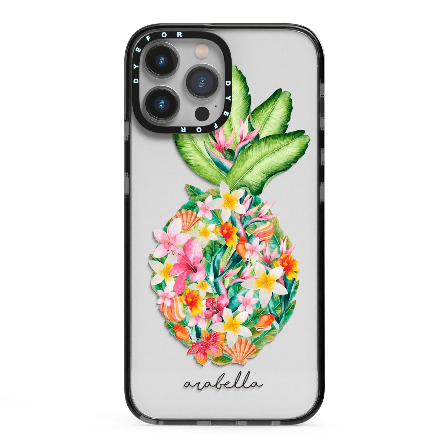 Personalised Floral Pineapple iPhone 13 Pro Max Black Impact Case on Silver phone