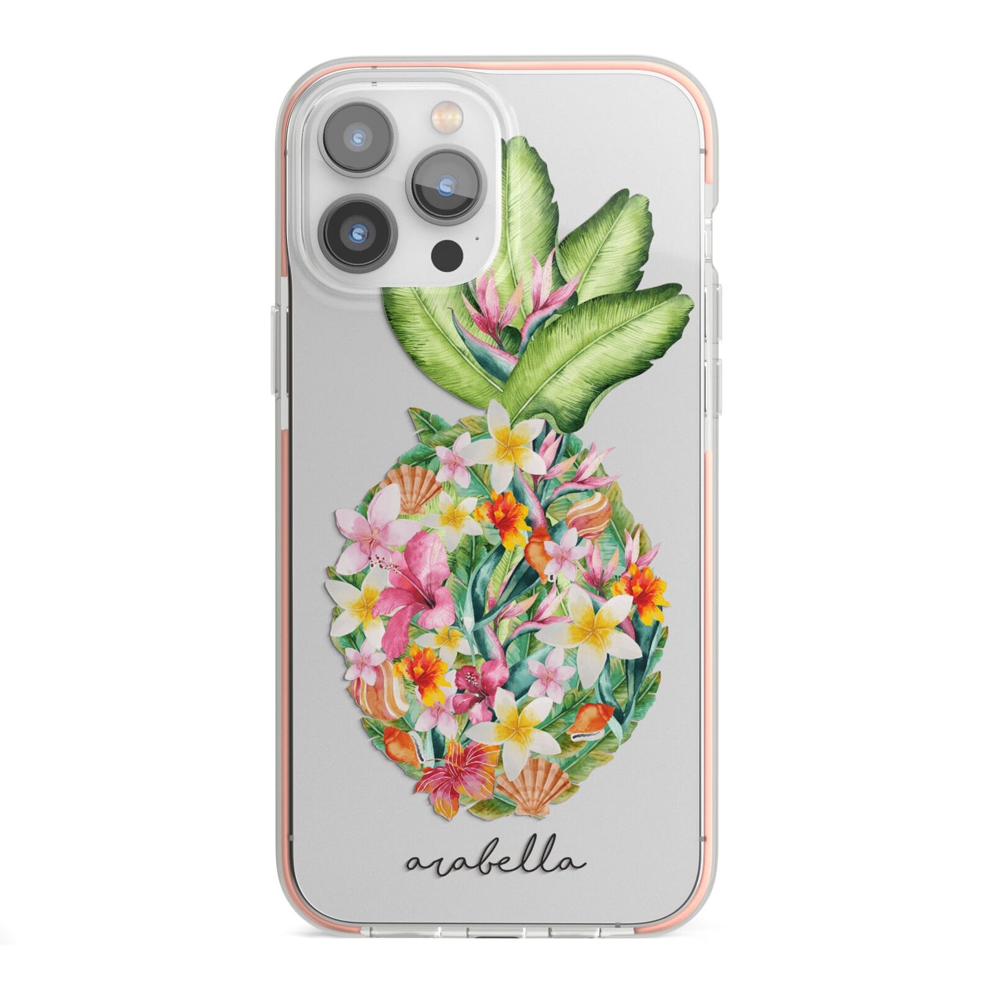 Personalised Floral Pineapple iPhone 13 Pro Max TPU Impact Case with Pink Edges