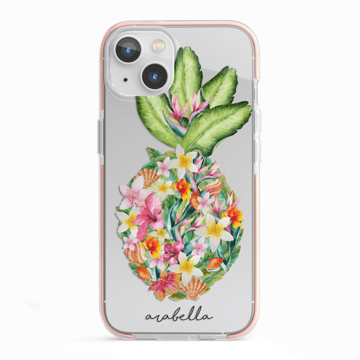 Personalised Floral Pineapple iPhone 13 TPU Impact Case with Pink Edges