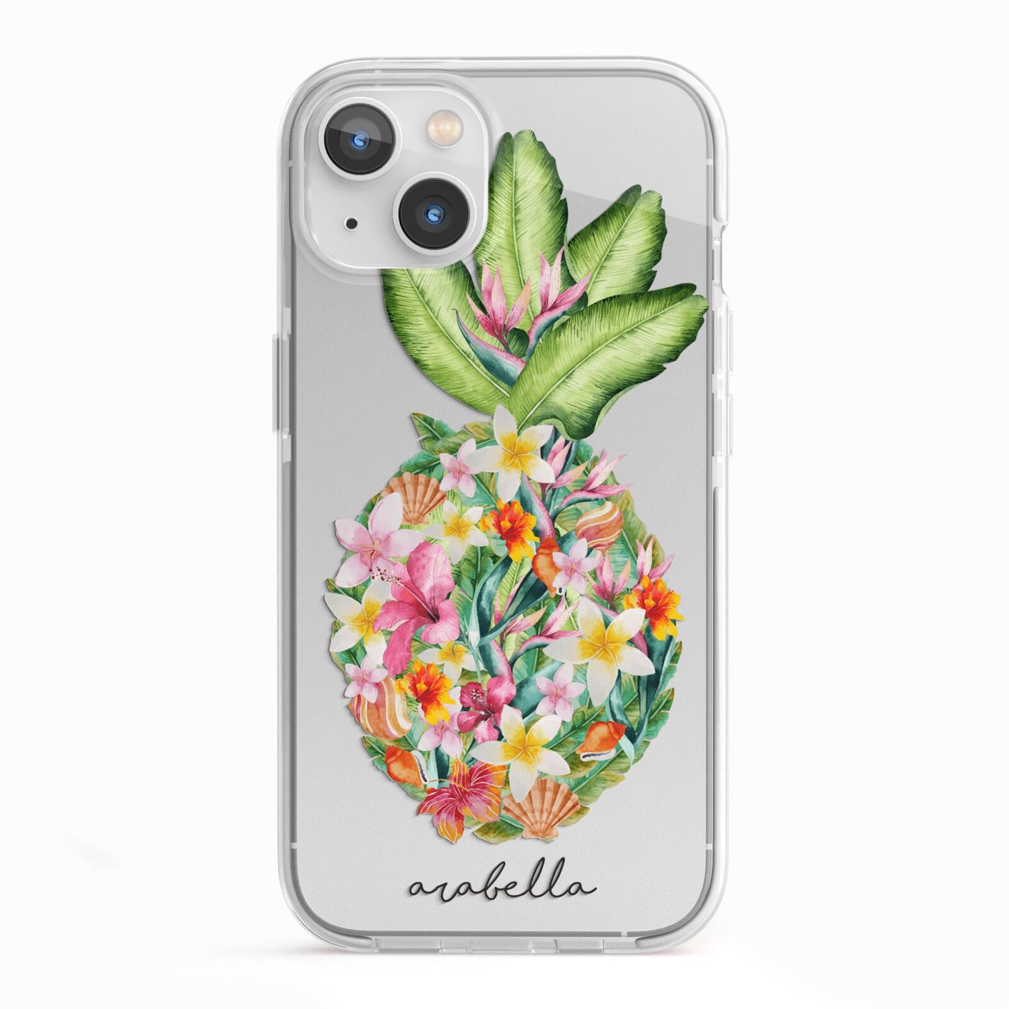 Personalised Floral Pineapple iPhone 13 TPU Impact Case with White Edges