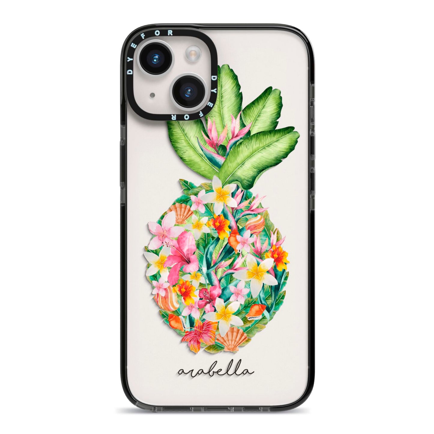 Personalised Floral Pineapple iPhone 14 Black Impact Case on Silver phone