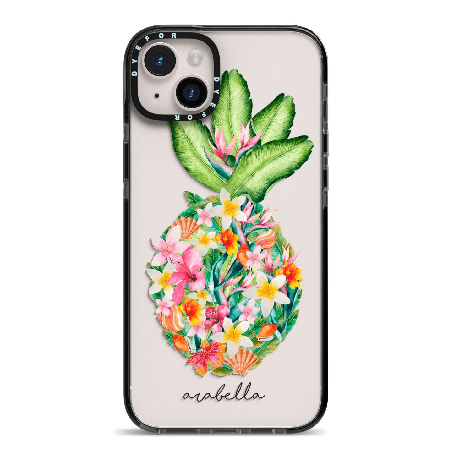 Personalised Floral Pineapple iPhone 14 Plus Black Impact Case on Silver phone