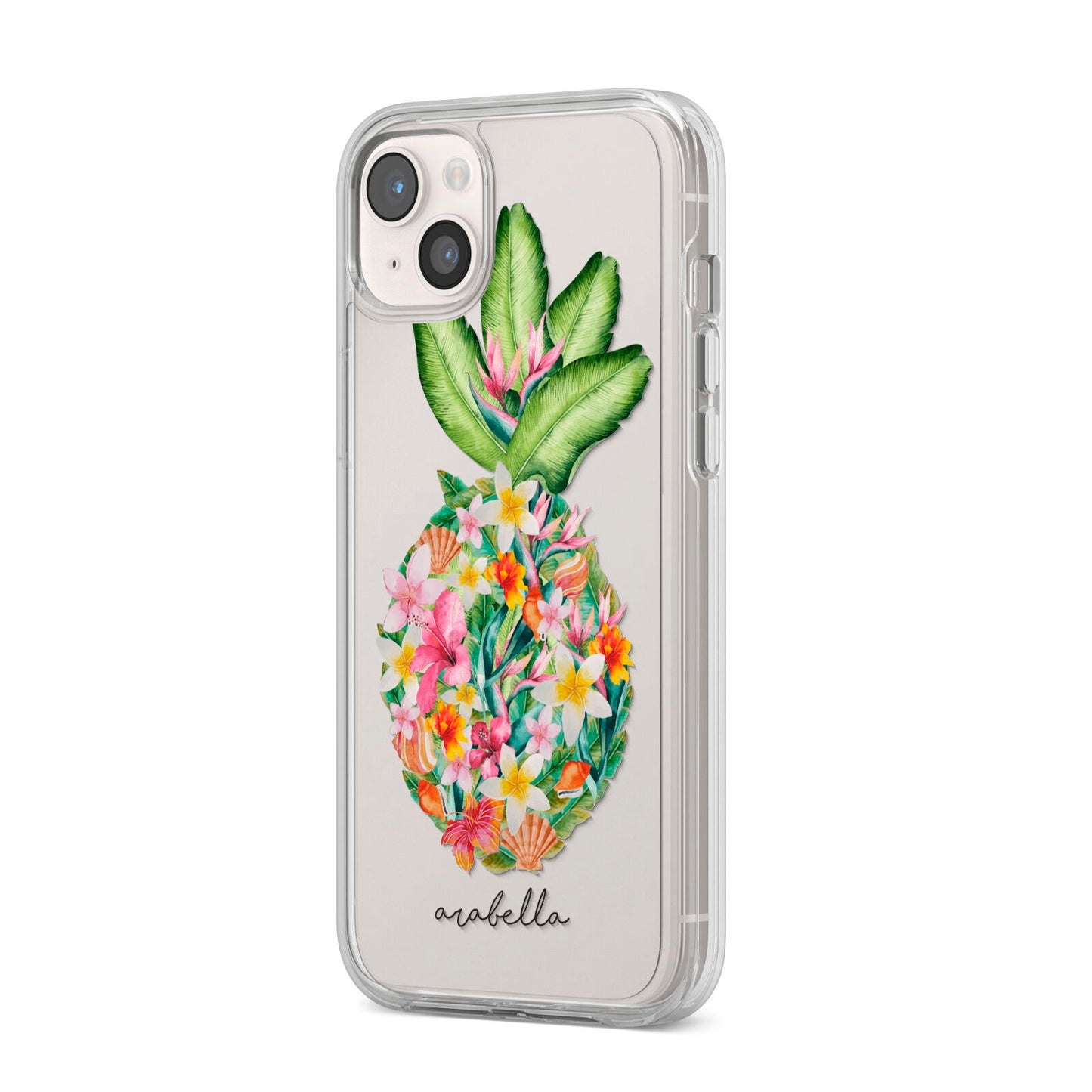 Personalised Floral Pineapple iPhone 14 Plus Clear Tough Case Starlight Angled Image