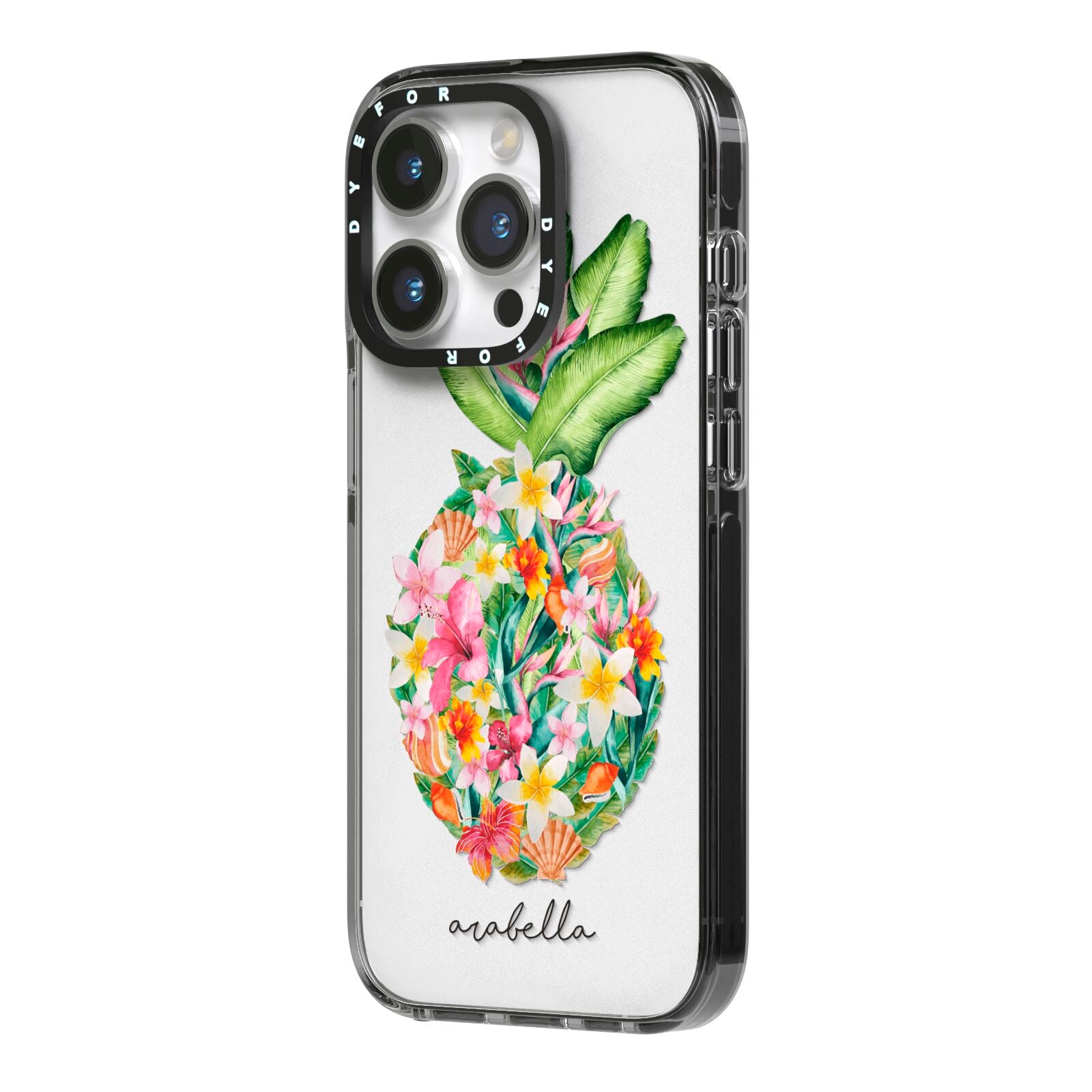Personalised Floral Pineapple iPhone 14 Pro Black Impact Case Side Angle on Silver phone