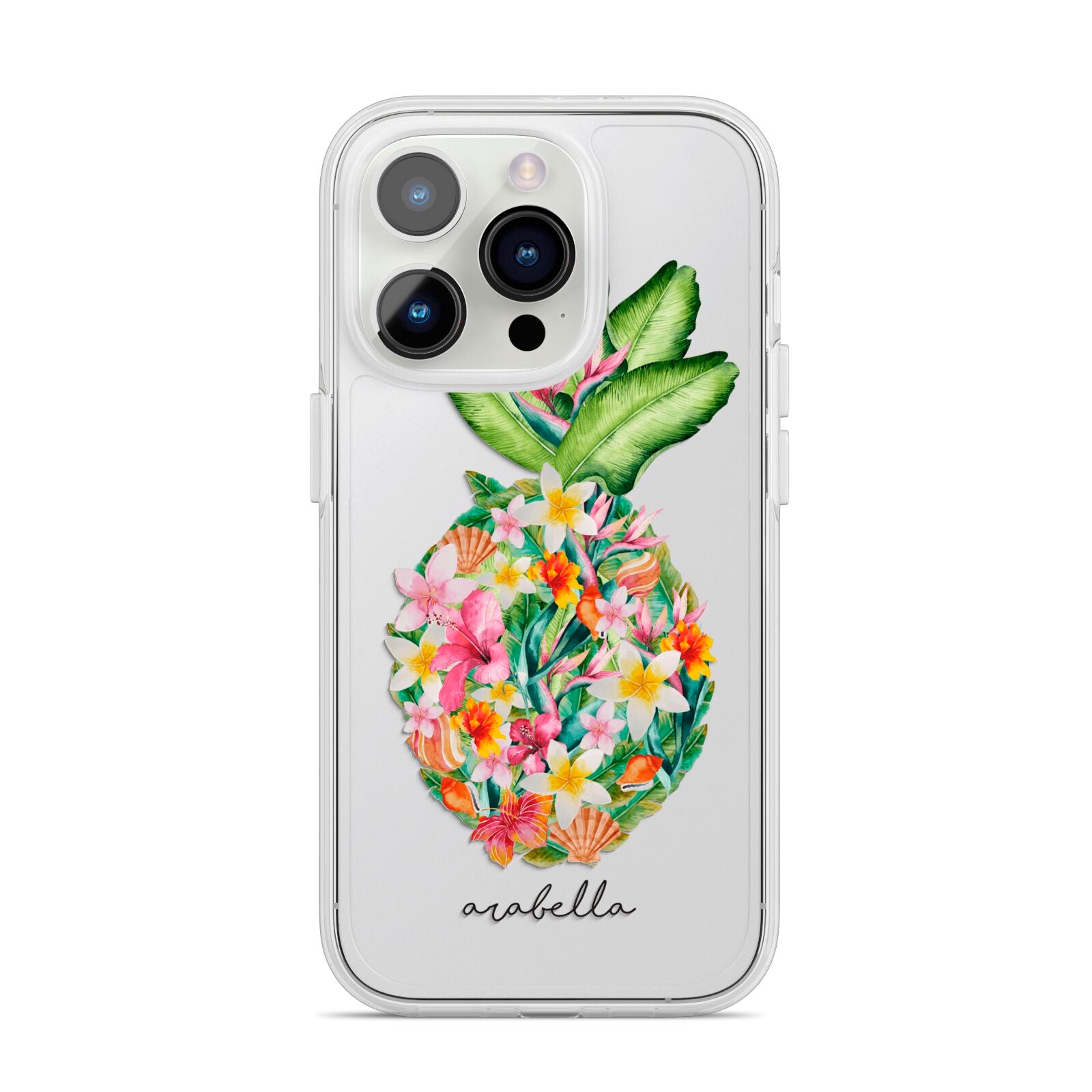 Personalised Floral Pineapple iPhone 14 Pro Clear Tough Case Silver