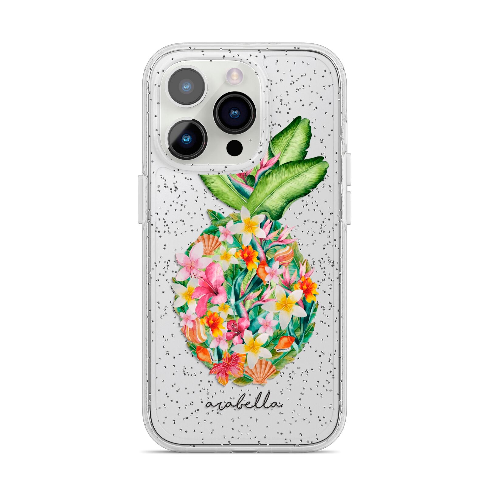 Personalised Floral Pineapple iPhone 14 Pro Glitter Tough Case Silver