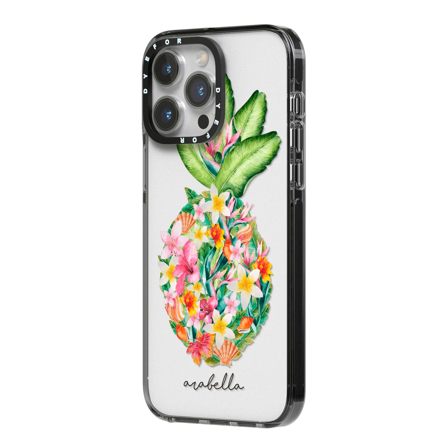 Personalised Floral Pineapple iPhone 14 Pro Max Black Impact Case Side Angle on Silver phone