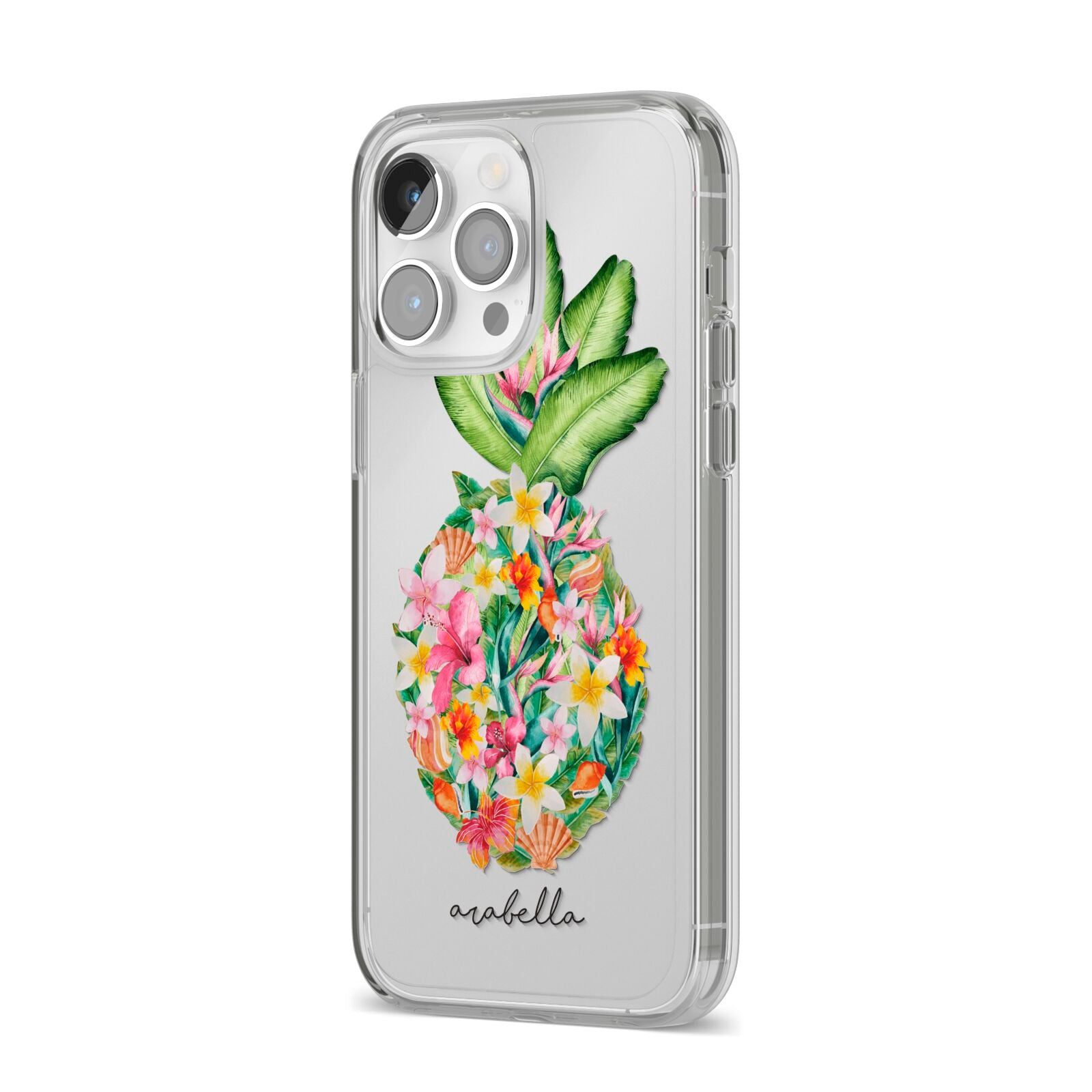 Personalised Floral Pineapple iPhone 14 Pro Max Clear Tough Case Silver Angled Image