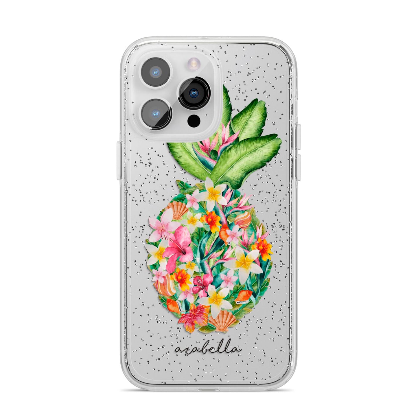 Personalised Floral Pineapple iPhone 14 Pro Max Glitter Tough Case Silver