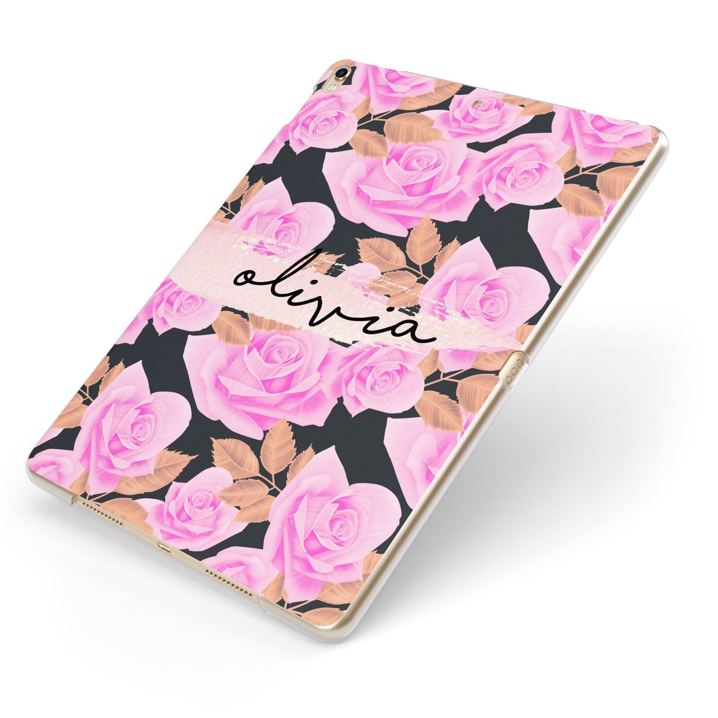 Personalised Floral Pink Roses Apple iPad Case on Gold iPad Side View