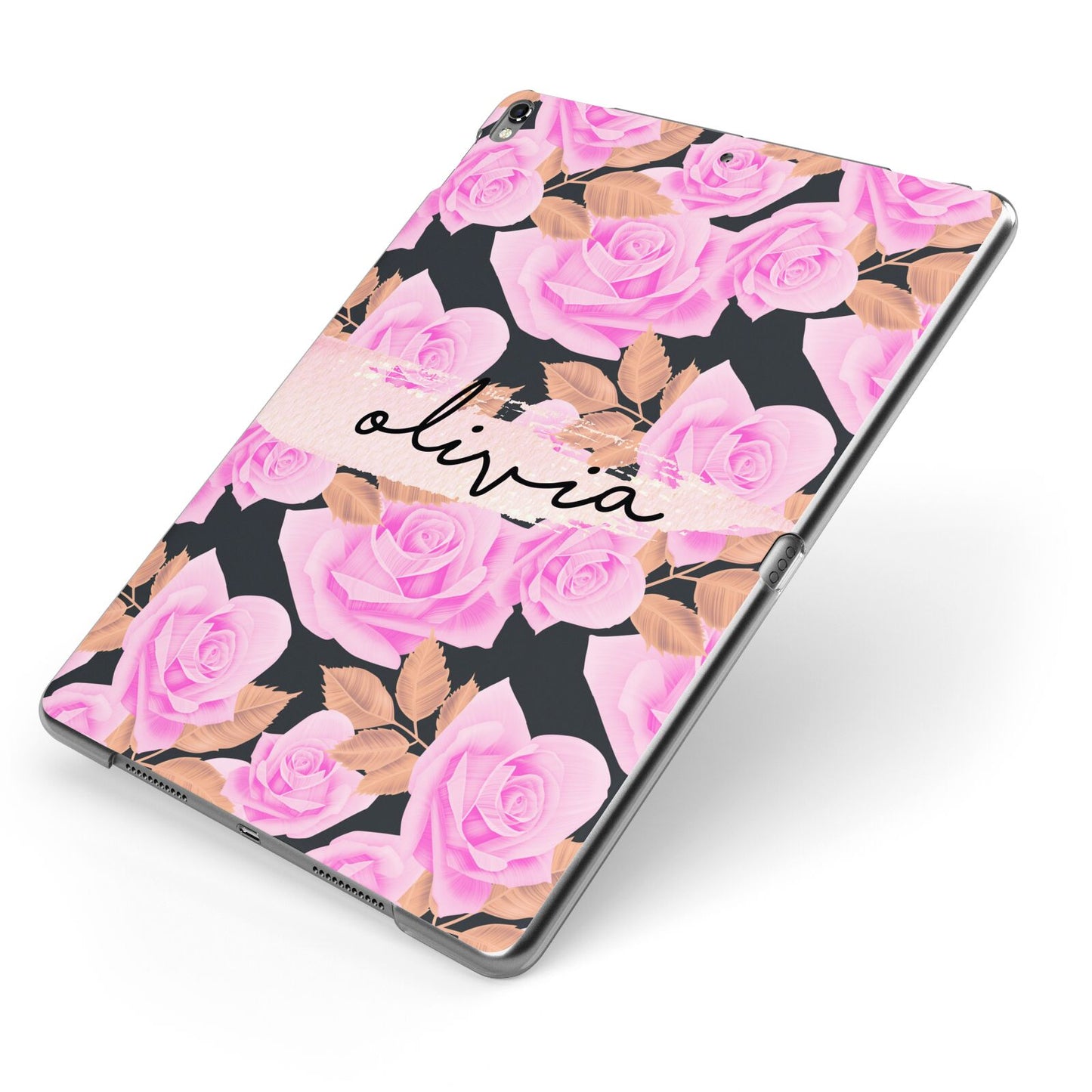 Personalised Floral Pink Roses Apple iPad Case on Grey iPad Side View