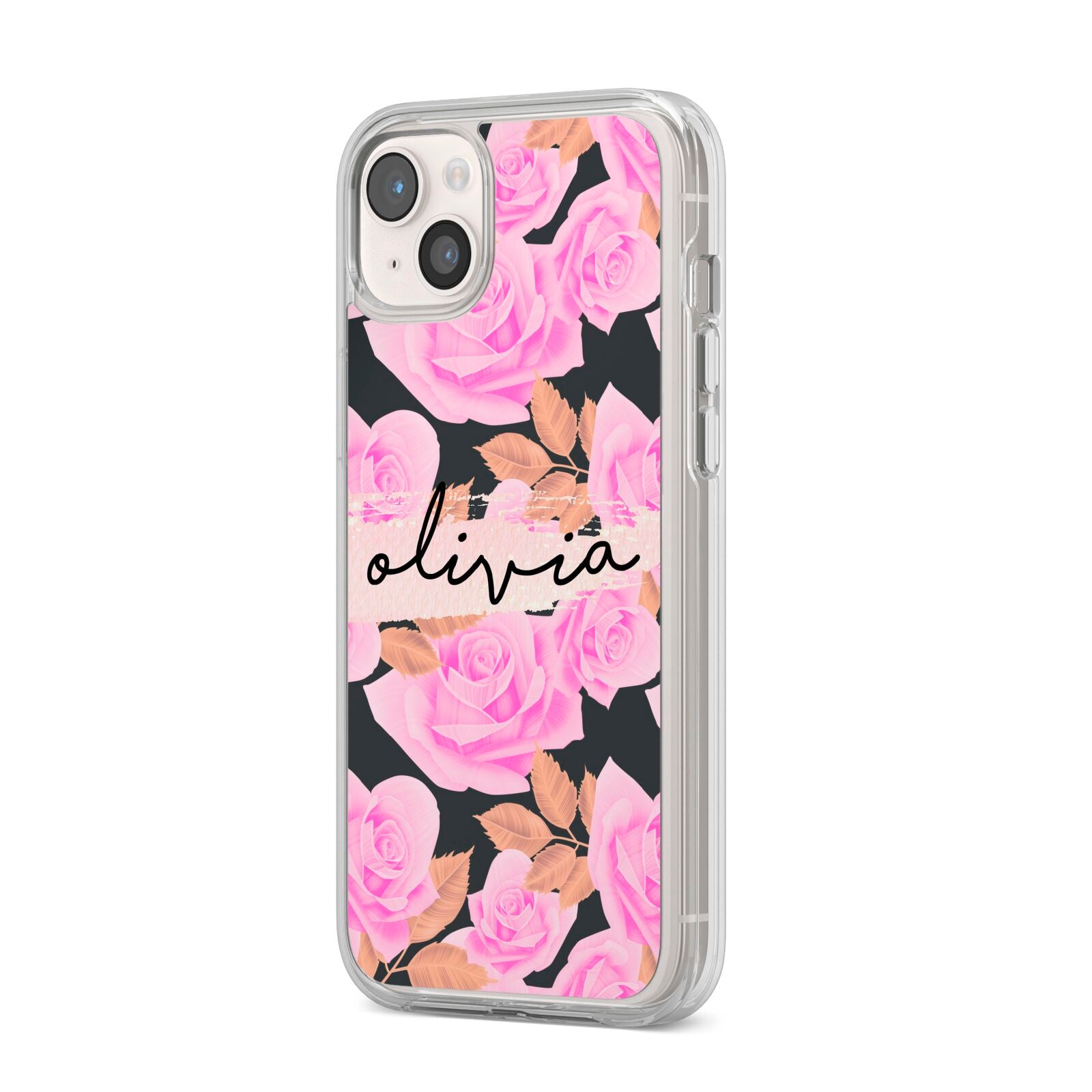 Personalised Floral Pink Roses iPhone 14 Plus Clear Tough Case Starlight Angled Image