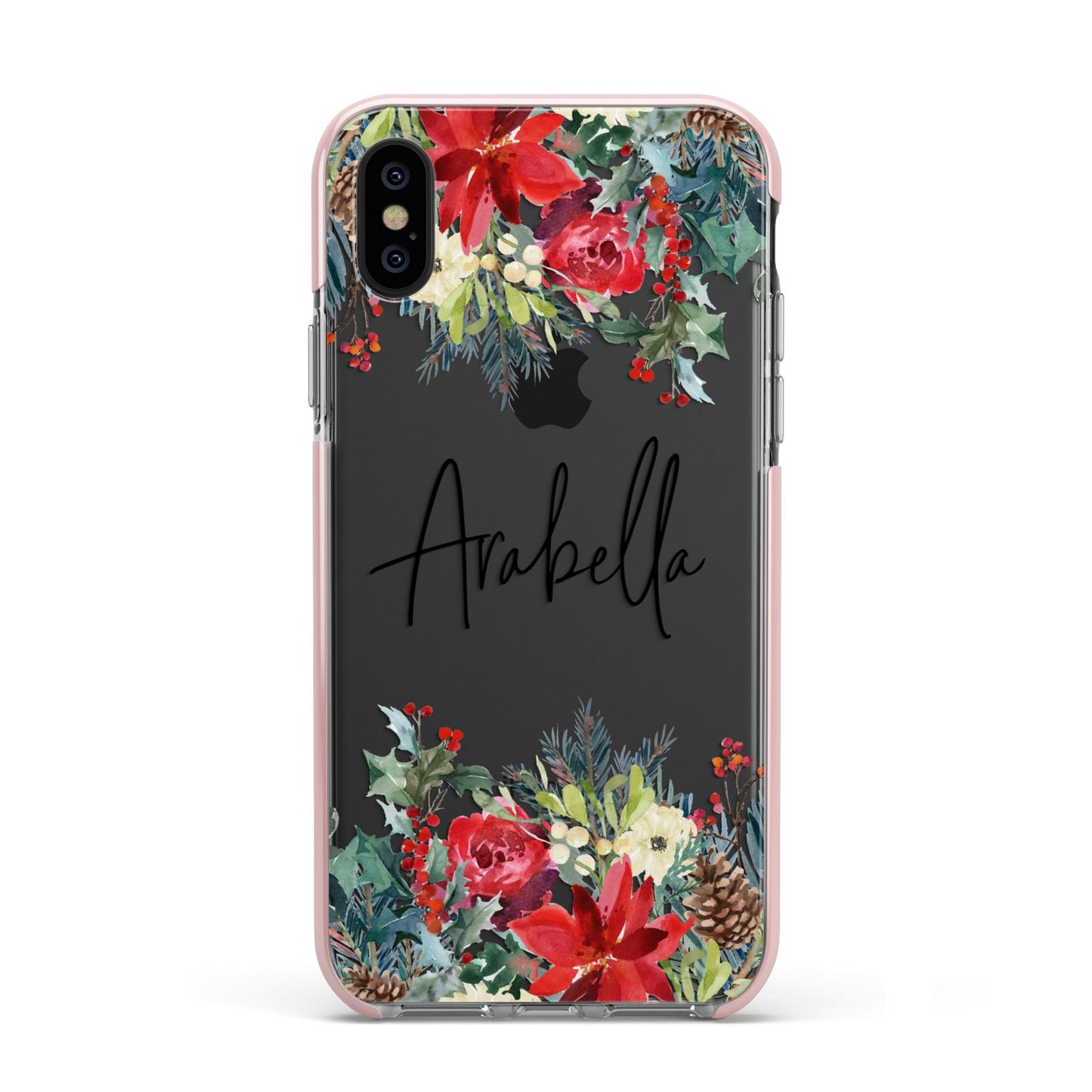 Personalised Floral Winter Arrangement Apple iPhone Xs Impact Case Pink Edge on Black Phone