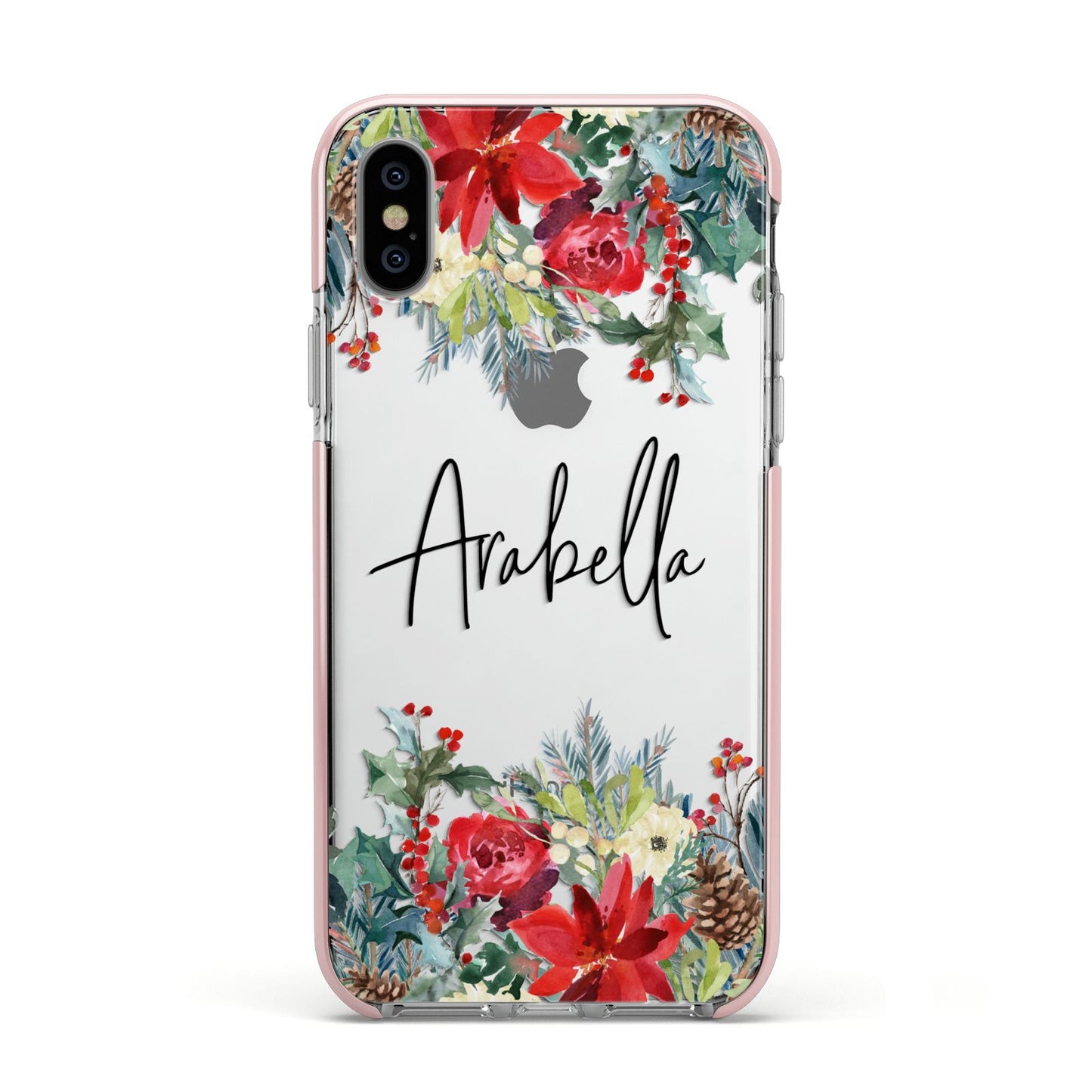 Personalised Floral Winter Arrangement Apple iPhone Xs Impact Case Pink Edge on Silver Phone