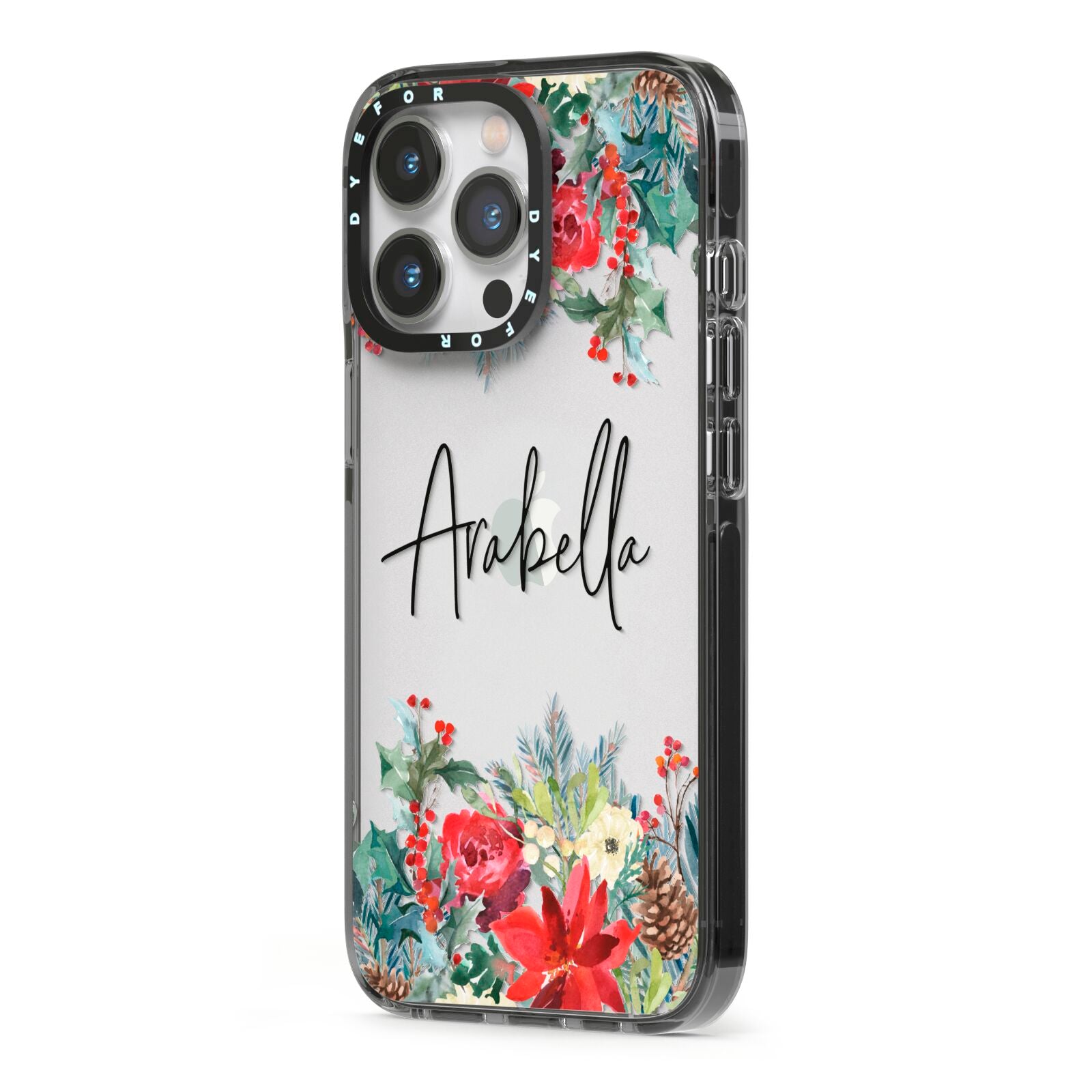 Personalised Floral Winter Arrangement iPhone 13 Pro Black Impact Case Side Angle on Silver phone