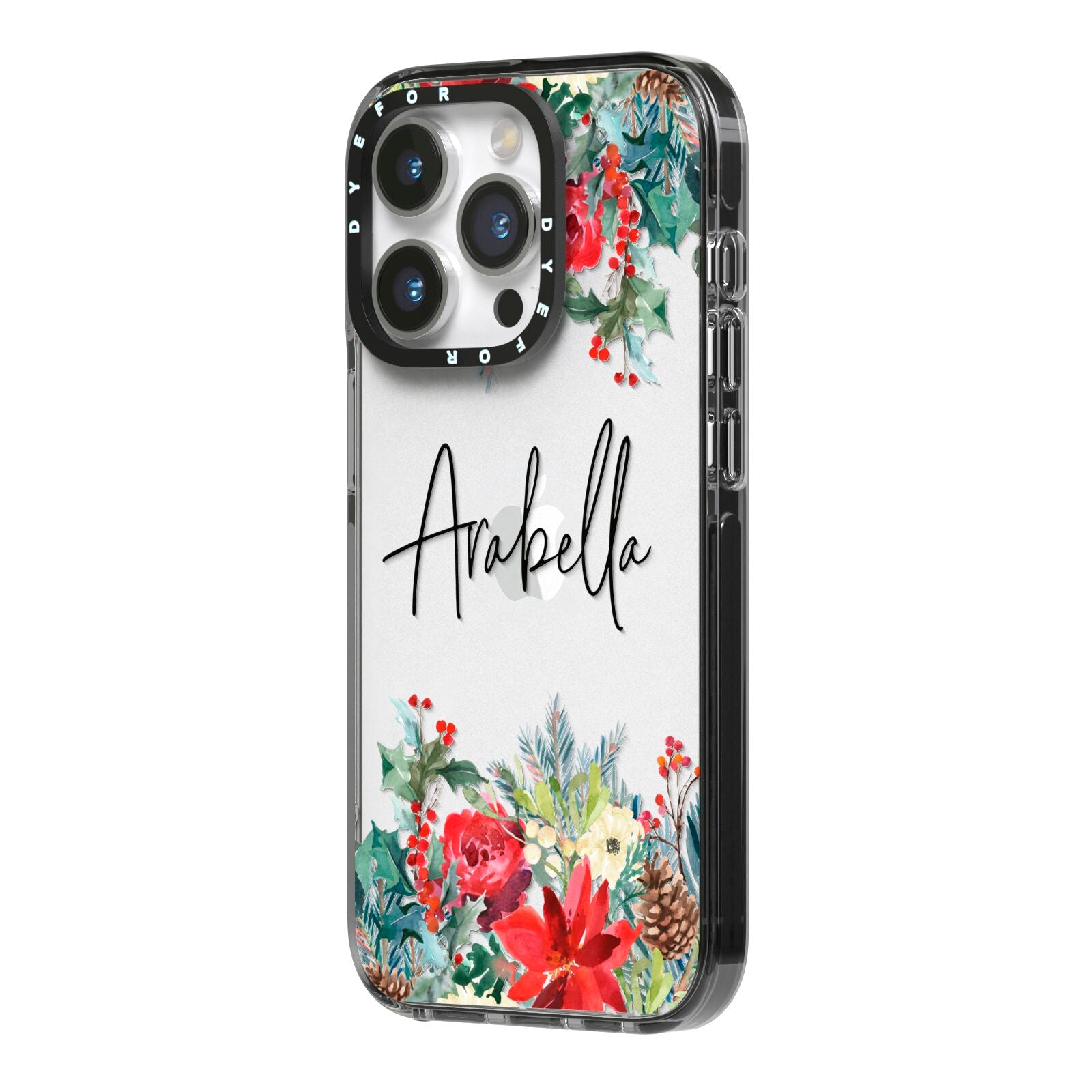 Personalised Floral Winter Arrangement iPhone 14 Pro Black Impact Case Side Angle on Silver phone