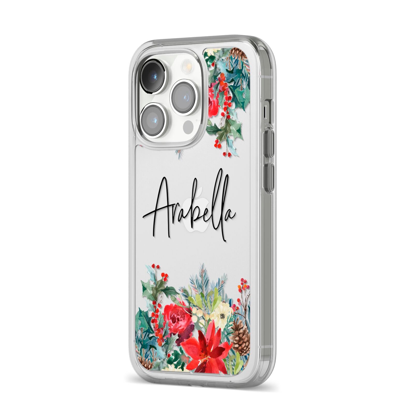 Personalised Floral Winter Arrangement iPhone 14 Pro Clear Tough Case Silver Angled Image