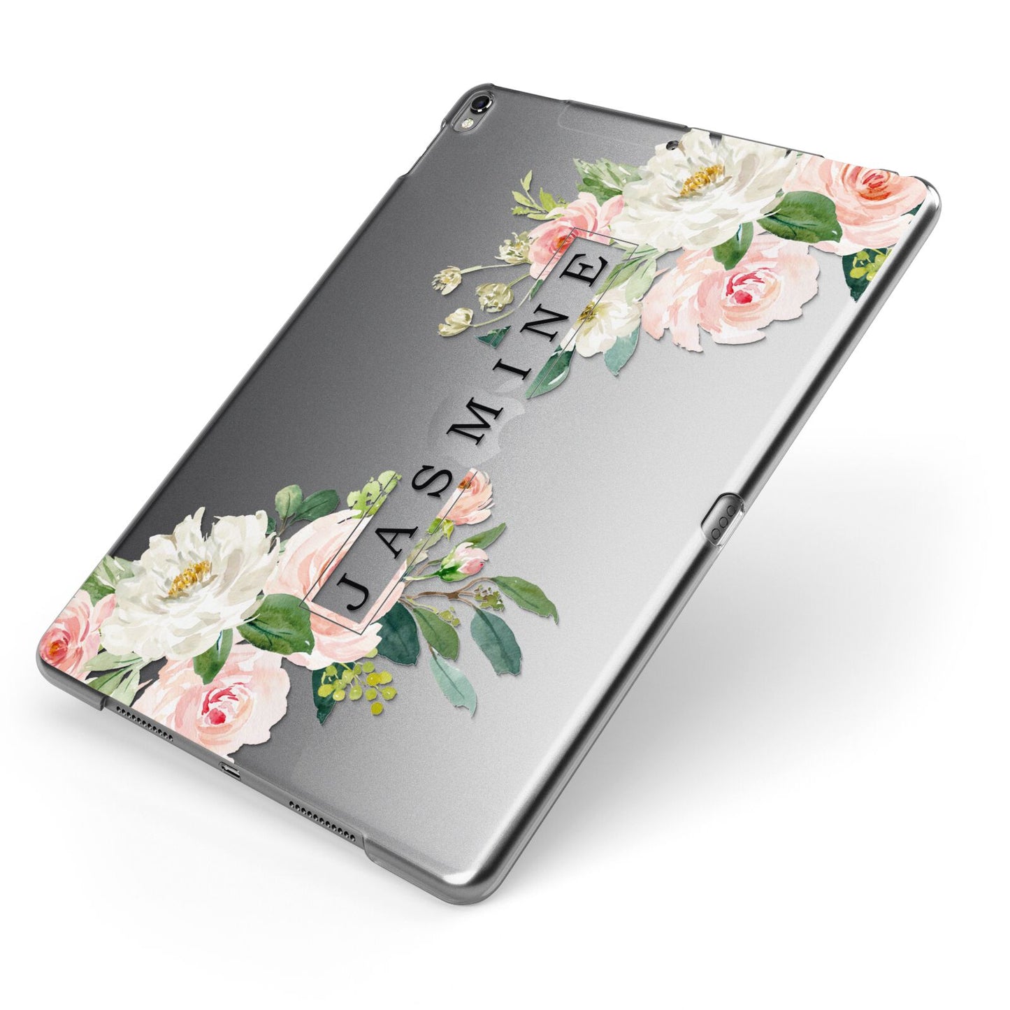 Personalised Floral Wreath with Name Apple iPad Case on Grey iPad Side View