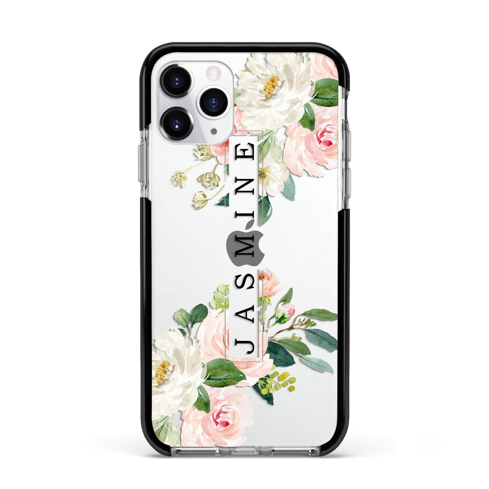 Personalised Floral Wreath with Name Apple iPhone 11 Pro in Silver with Black Impact Case