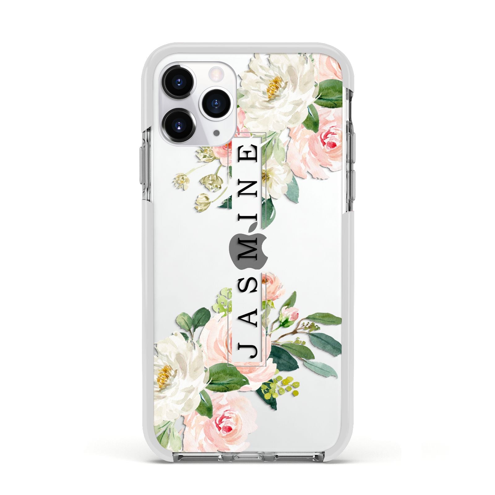 Personalised Floral Wreath with Name Apple iPhone 11 Pro in Silver with White Impact Case