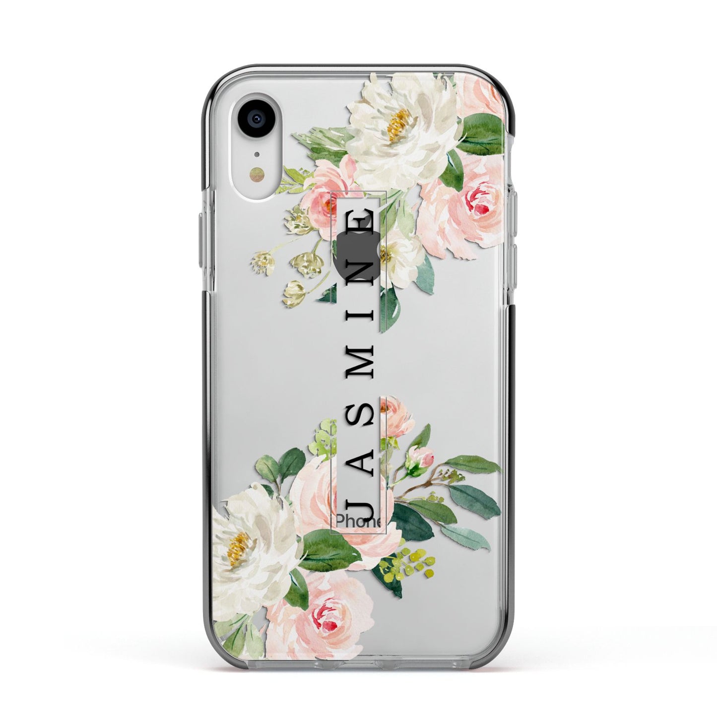 Personalised Floral Wreath with Name Apple iPhone XR Impact Case Black Edge on Silver Phone