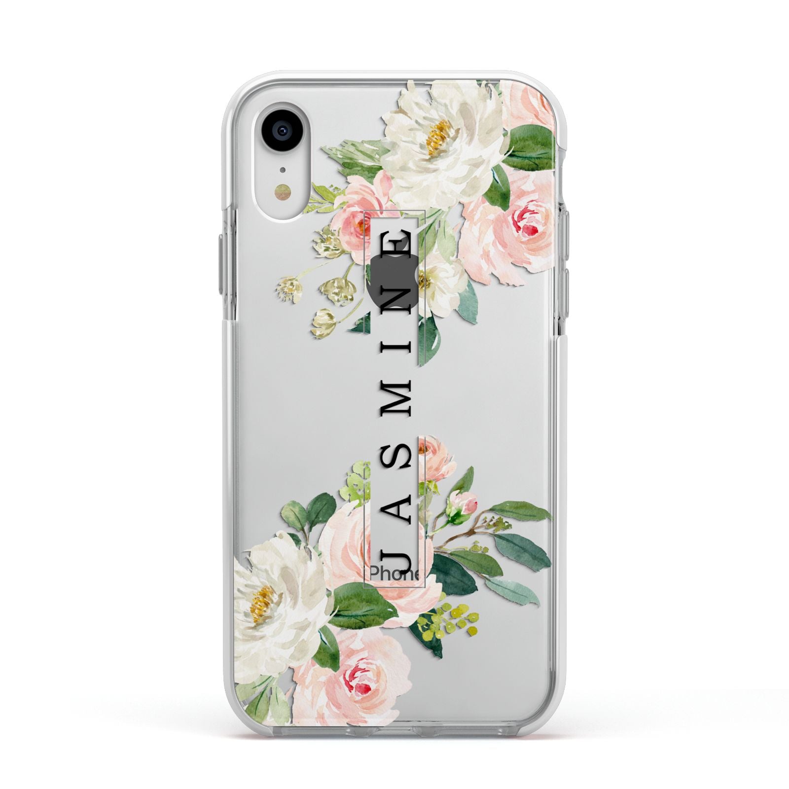Personalised Floral Wreath with Name Apple iPhone XR Impact Case White Edge on Silver Phone