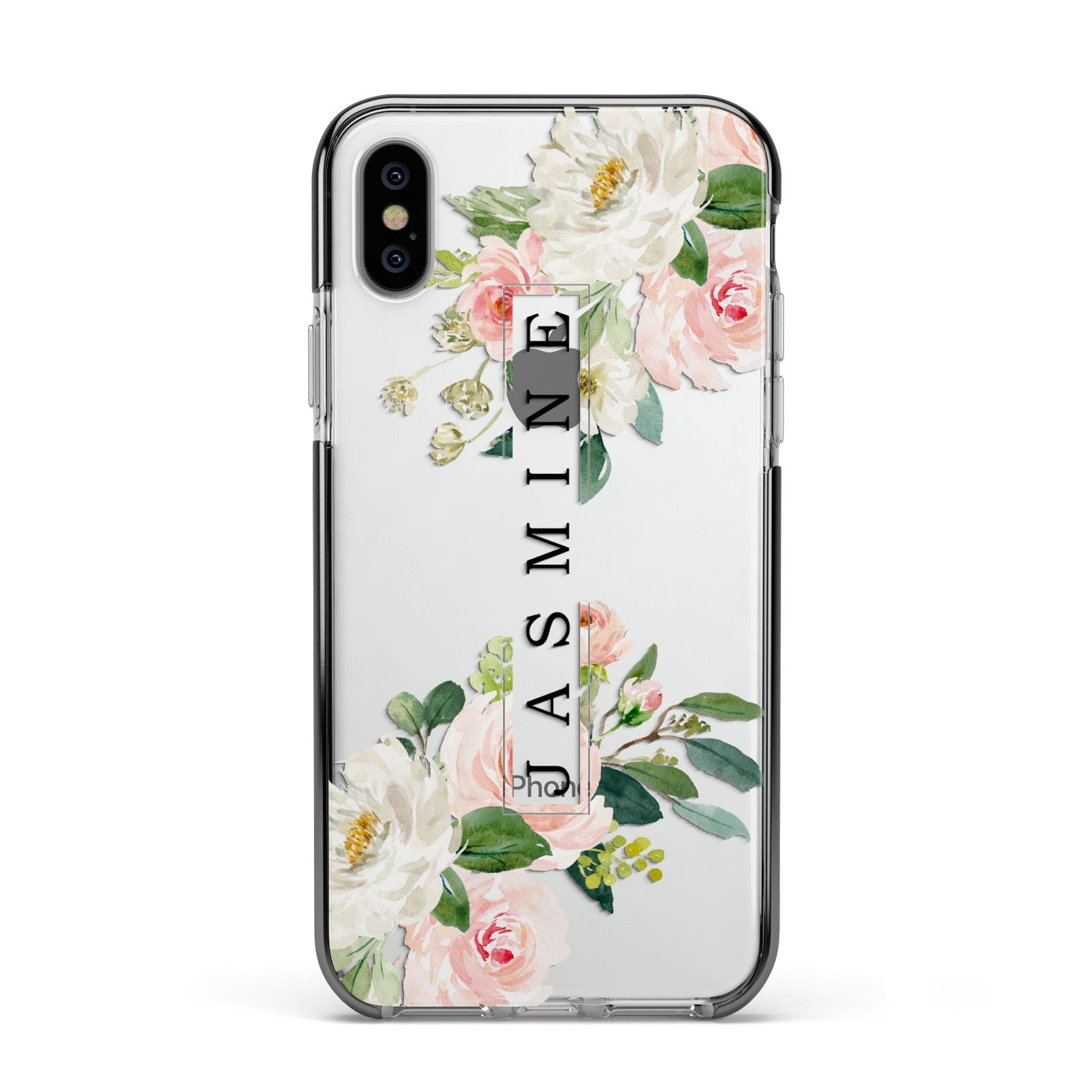 Personalised Floral Wreath with Name Apple iPhone Xs Impact Case Black Edge on Silver Phone