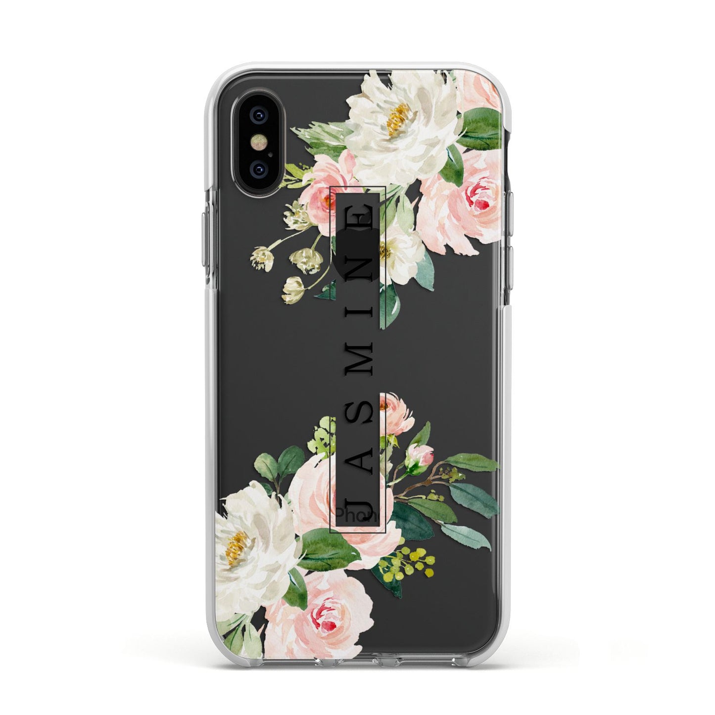 Personalised Floral Wreath with Name Apple iPhone Xs Impact Case White Edge on Black Phone