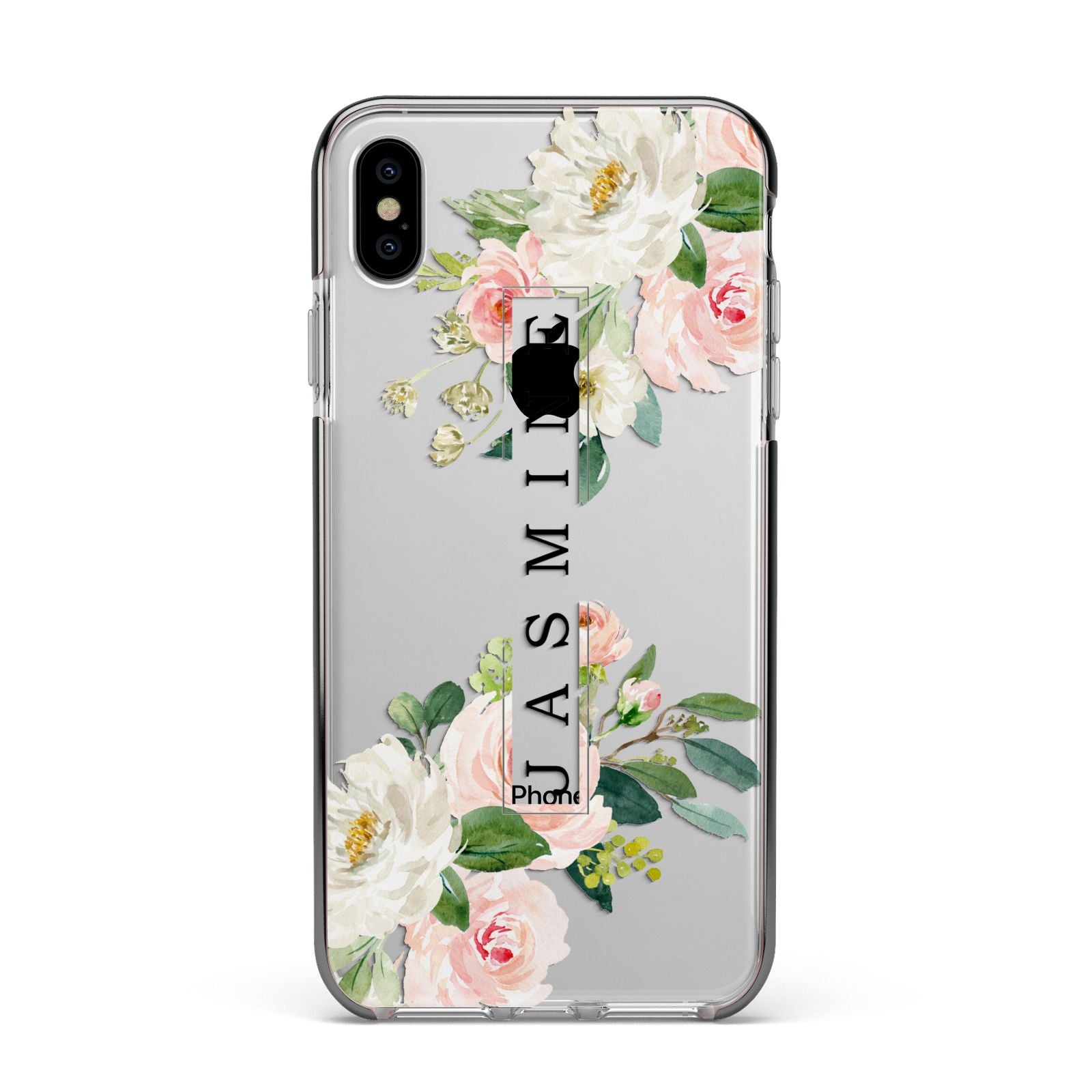 Personalised Floral Wreath with Name Apple iPhone Xs Max Impact Case Black Edge on Silver Phone