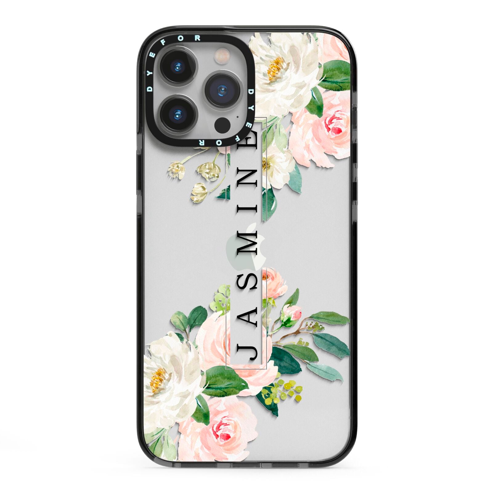 Personalised Floral Wreath with Name iPhone 13 Pro Max Black Impact Case on Silver phone
