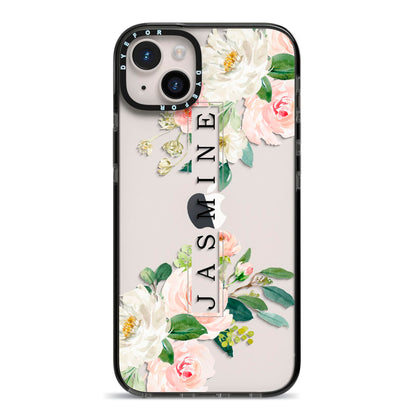 Personalised Floral Wreath with Name iPhone 14 Plus Black Impact Case on Silver phone