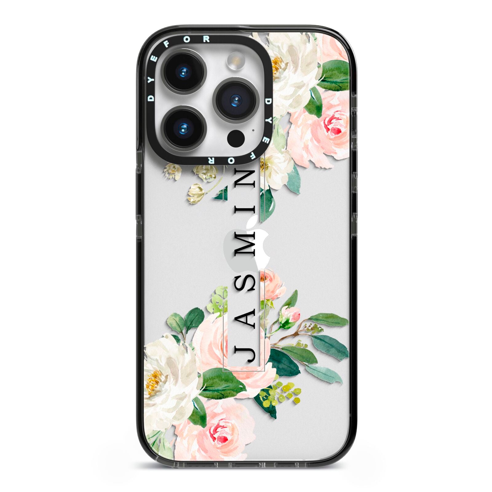 Personalised Floral Wreath with Name iPhone 14 Pro Black Impact Case on Silver phone