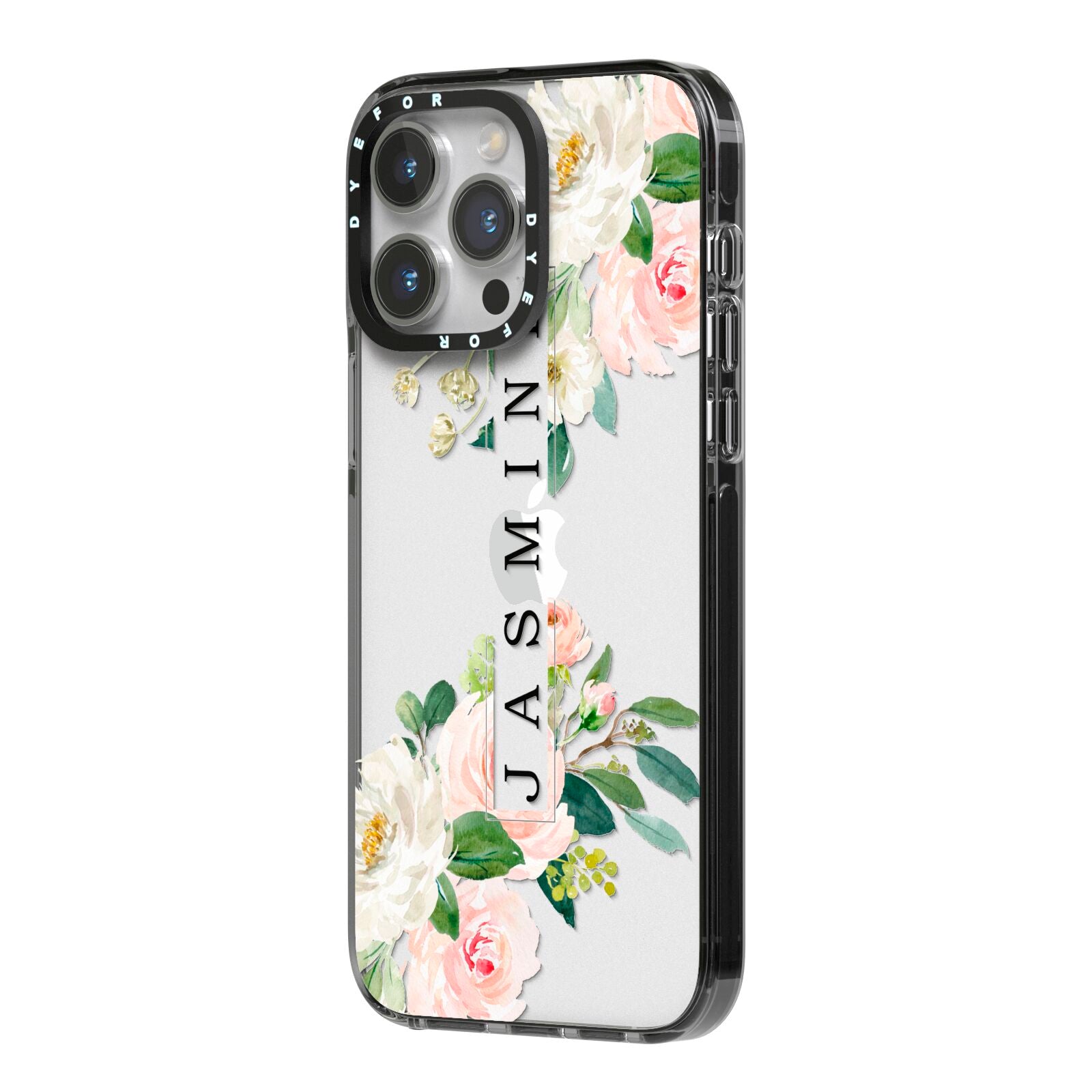 Personalised Floral Wreath with Name iPhone 14 Pro Max Black Impact Case Side Angle on Silver phone