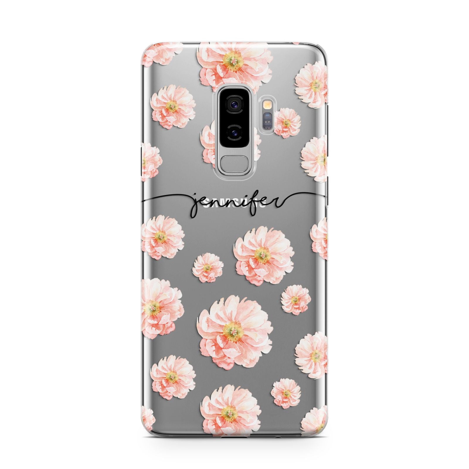 Personalised Flower Name Samsung Galaxy S9 Plus Case on Silver phone