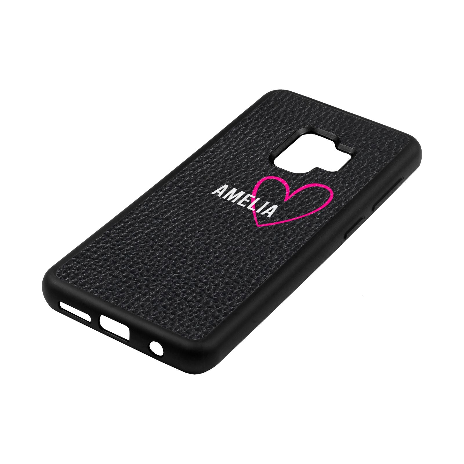 Personalised Font With Heart Black Pebble Leather Samsung S9 Case Side Angle