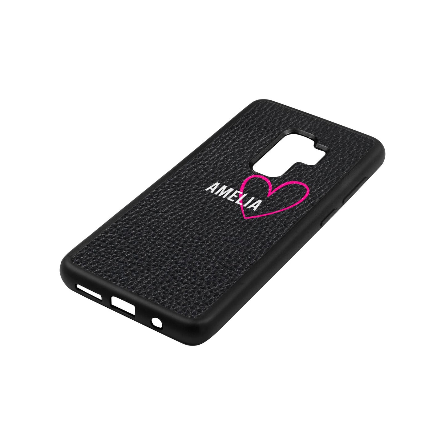 Personalised Font With Heart Black Pebble Leather Samsung S9 Plus Case Side Angle