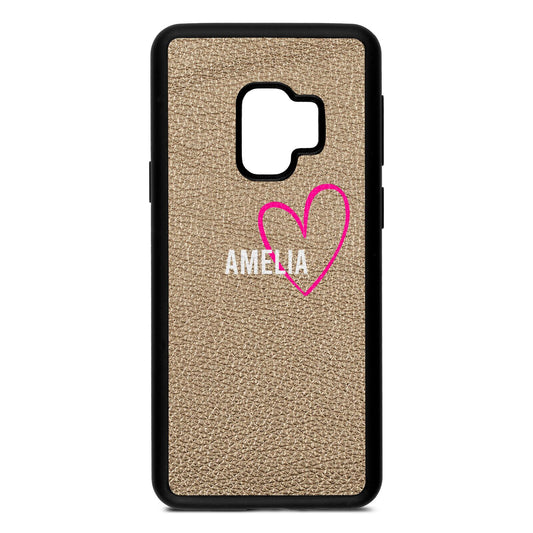 Personalised Font With Heart Gold Pebble Leather Samsung S9 Case