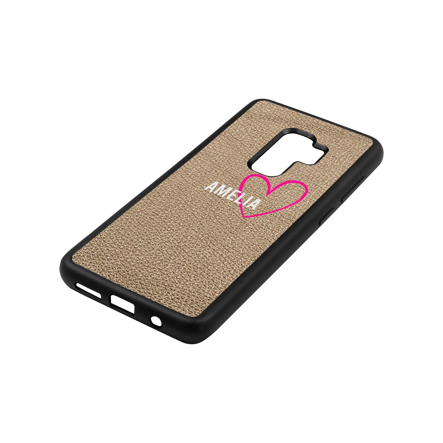 Personalised Font With Heart Gold Pebble Leather Samsung S9 Plus Case Side Angle