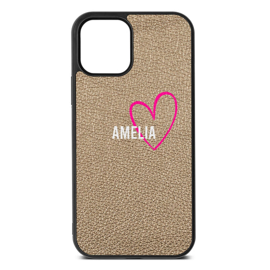 Personalised Font With Heart Gold Pebble Leather iPhone 12 Case