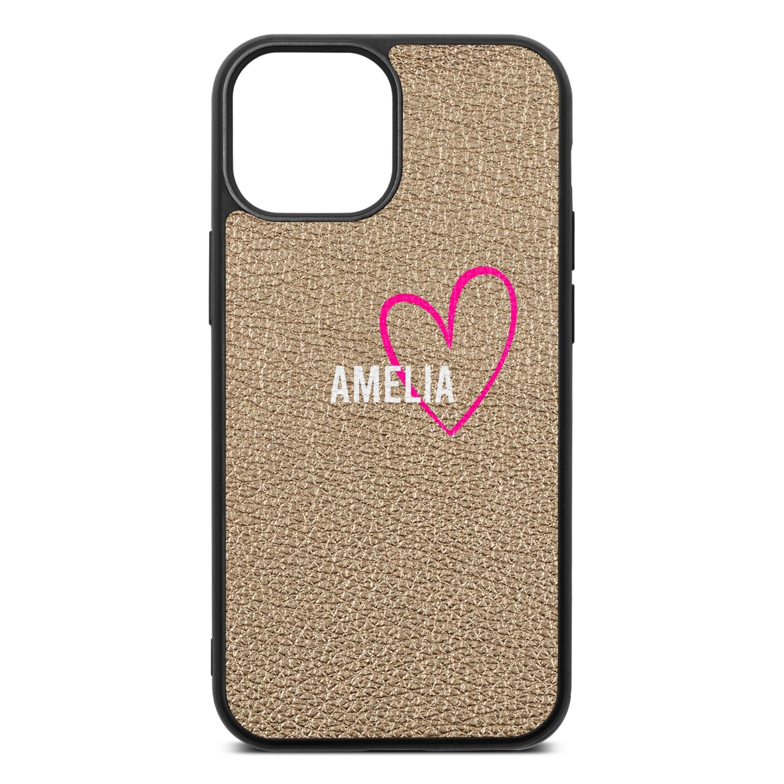 Personalised Font With Heart Gold Pebble Leather iPhone 13 Mini Case