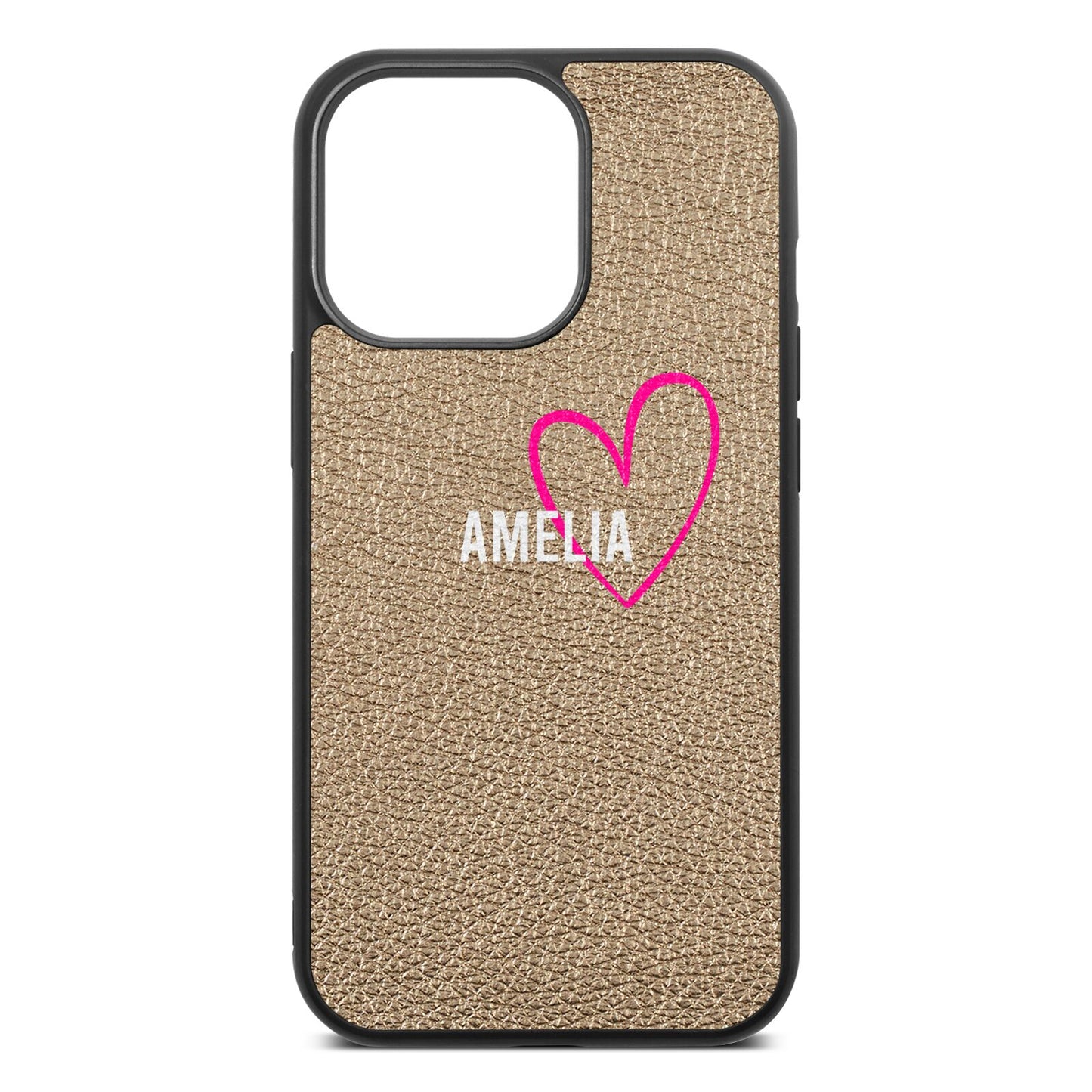 Personalised Font With Heart Gold Pebble Leather iPhone 13 Pro Case