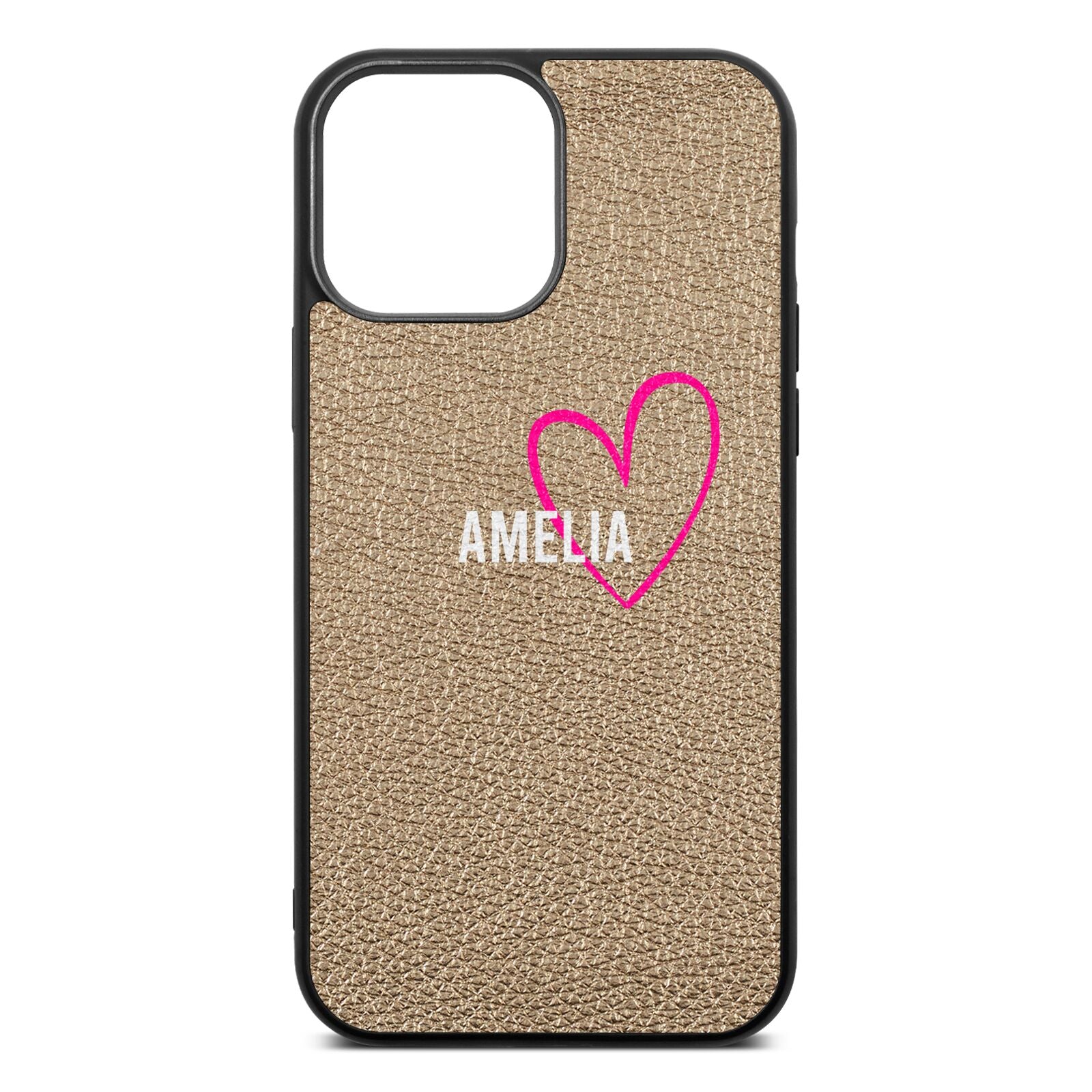 Personalised Font With Heart Gold Pebble Leather iPhone 13 Pro Max Case