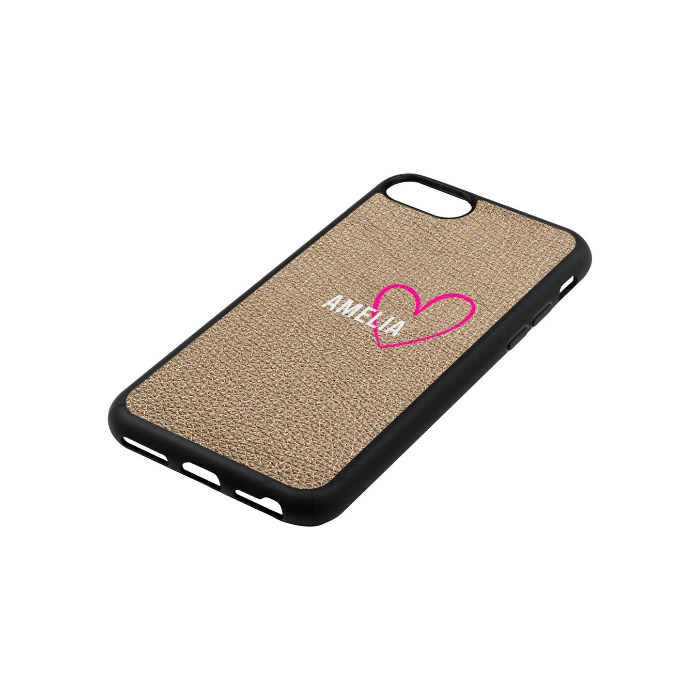 Personalised Font With Heart Gold Pebble Leather iPhone 8 Case Side Angle