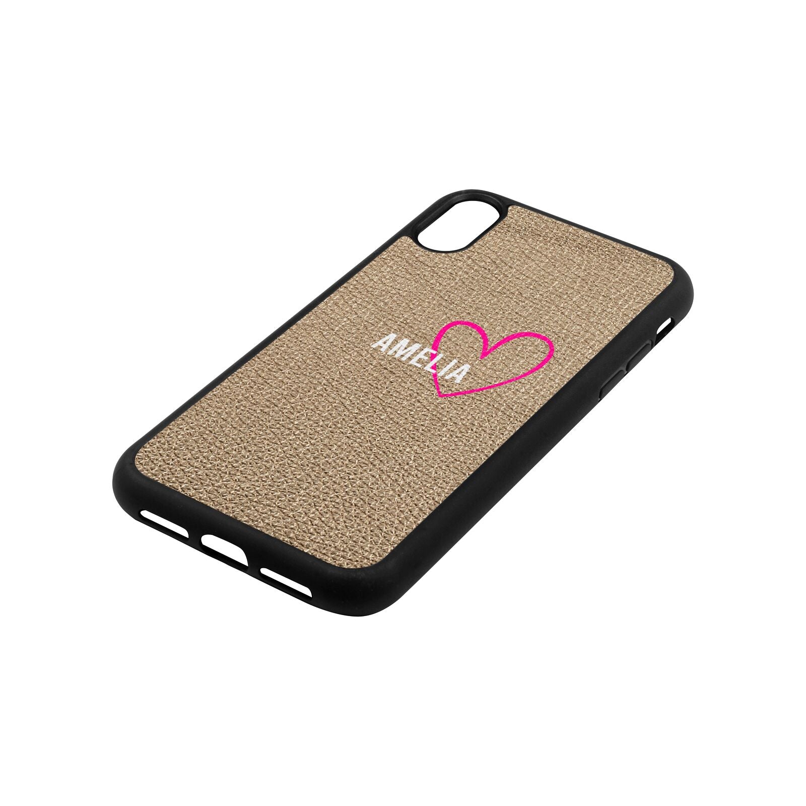 Personalised Font With Heart Gold Pebble Leather iPhone Xr Case Side Angle