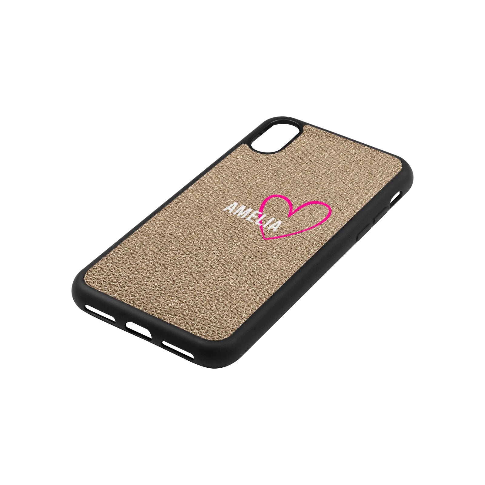 Personalised Font With Heart Gold Pebble Leather iPhone Xs Case Side Angle