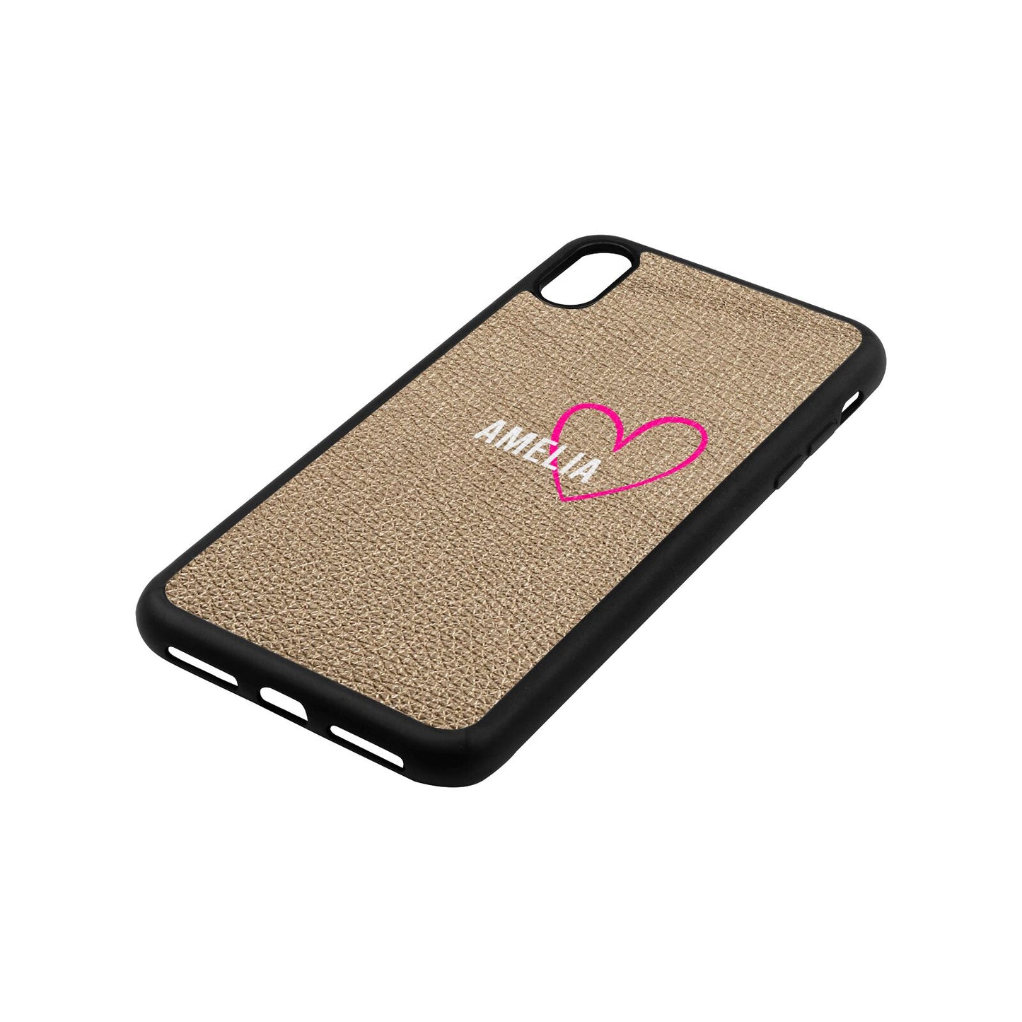 Personalised Font With Heart Gold Pebble Leather iPhone Xs Max Case Side Angle