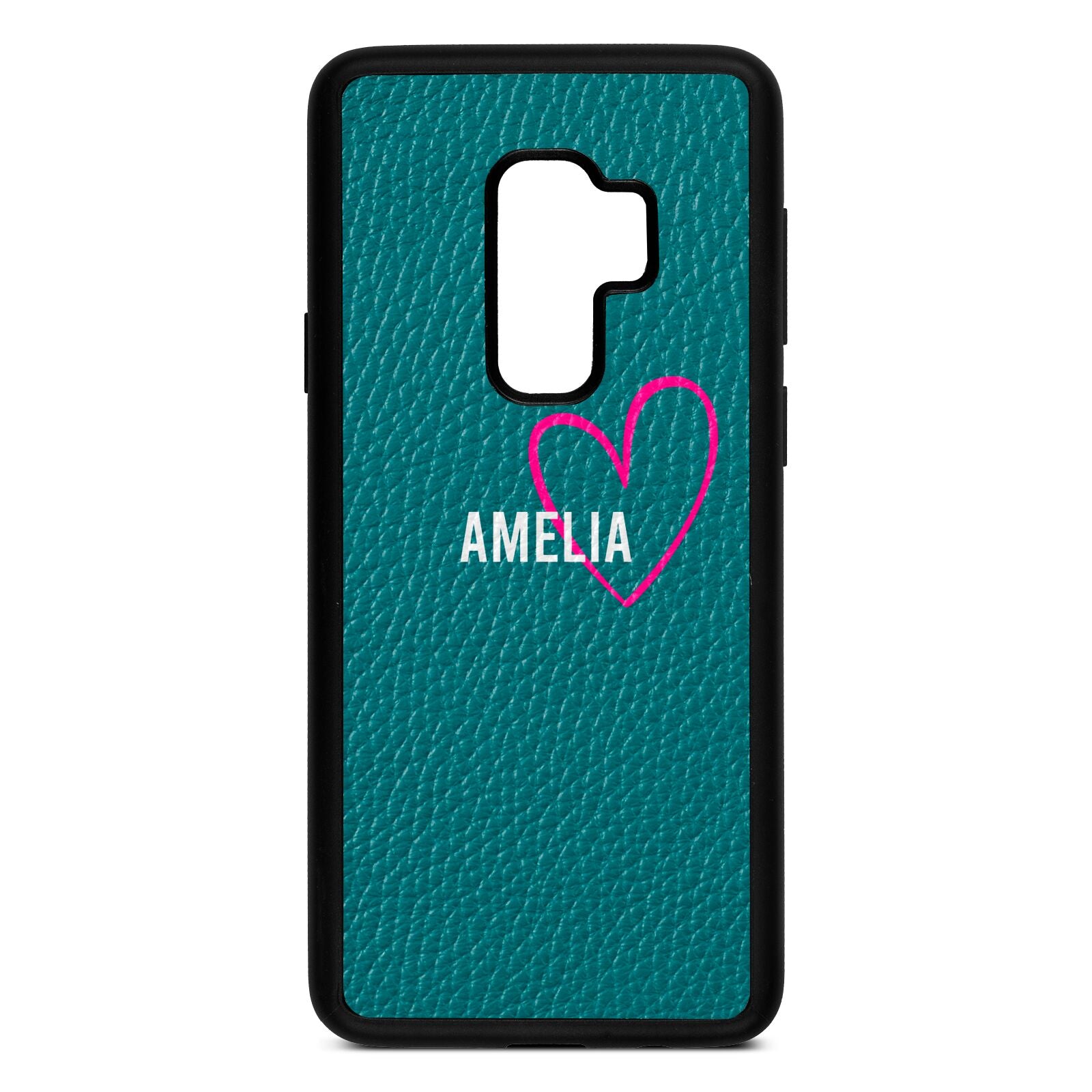 Personalised Font With Heart Green Pebble Leather Samsung S9 Plus Case