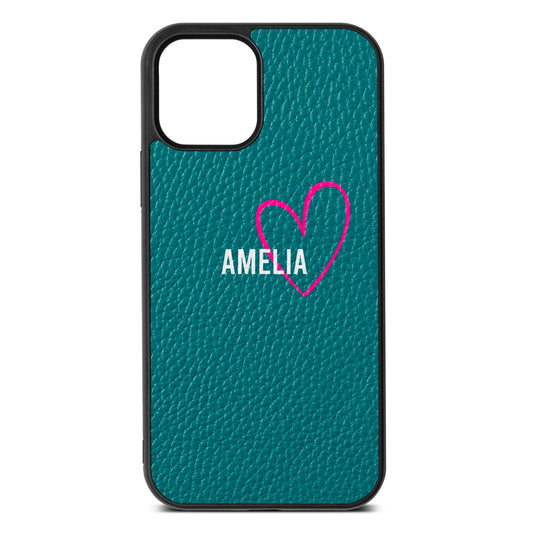 Personalised Font With Heart Green Pebble Leather iPhone 12 Case